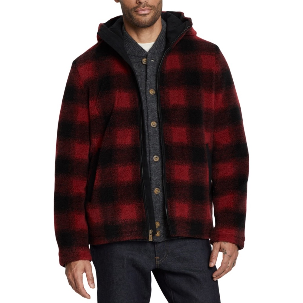 Pendleton Men’s Woodside Hooded Fleece Jacket Red Black Buffalo Check Large EUC‎